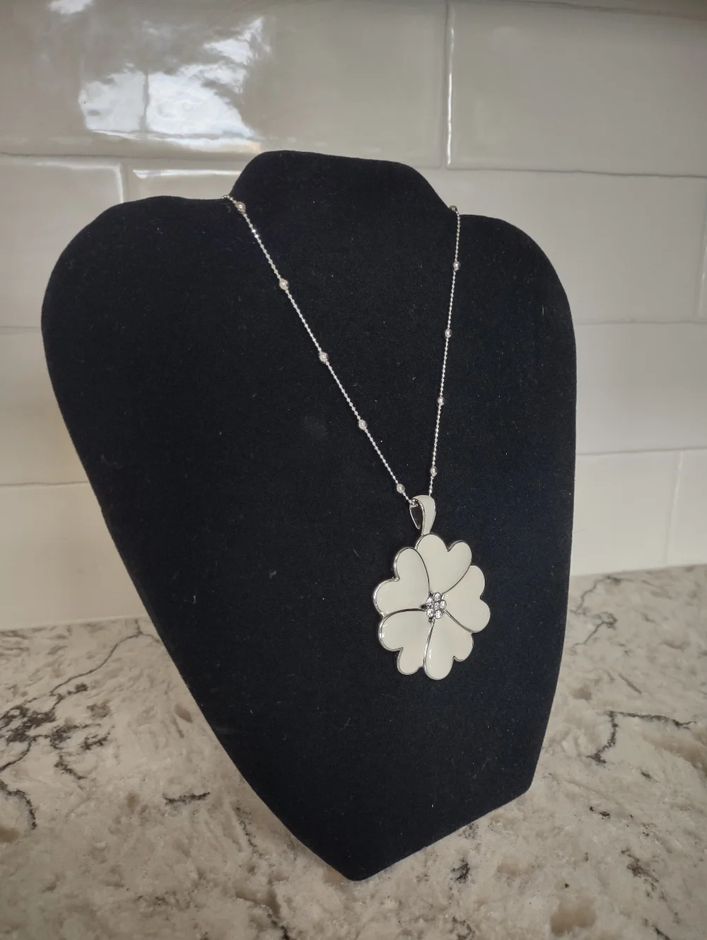 Lia Sophia Lucky in Love Necklace Retired White Enamel Heart Flower Pendant